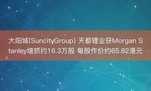 大阳城(SuncityGroup) 天都锂业获Morgan Stanley增抓约16.3万股 每股作价约65.82港元